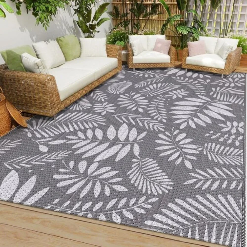 New 5x8 White & Gray Outdoor Rug, Waterproof Plastic Straw Mat for Patio & RV